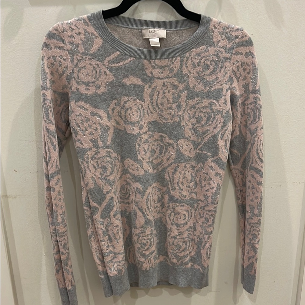 LOFT Pink and Gray Crew Neck Sweater with Floral Pattern